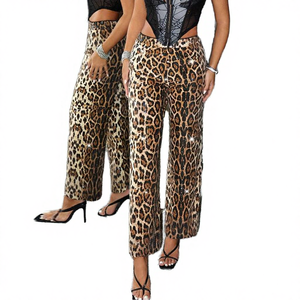 Wholesale 2025 New Popular Breathable High Waist Elastic Leopard Print Casual <b>Summer</b> Straight Leg <b>Pants</b> - Product Image 3