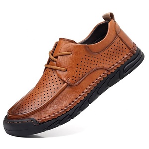 Chaussures décontractées pour hommes en cuir perforé, bout rond, à enfiler, semelle plate en caoutchouc, toutes saisons, style marche - Product Image 5