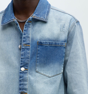 XJYD, diseño personalizado, camisas <span class=keywords><strong>de</strong></span> mezclilla destruidas para hombres, Etiqueta Privada, camisas <span class=keywords><strong>de</strong></span> <span class=keywords><strong>trabajo</strong></span> <span class=keywords><strong>de</strong></span> mezclilla azul lavado con ácido medio, característica transpirable - Product Image 2