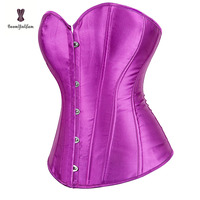 Haute qualité grande taille Korset gros seins femmes Overbust solide Corselet avec T String Satin rose violet bleu rouge à lacets désossé Gorset