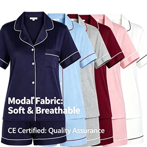 <span class=keywords><strong>Pigiama</strong></span> da <span class=keywords><strong>donna</strong></span> in modal a maniche corte, completo di camicia abbottonata e <span class=keywords><strong>pantaloncini</strong></span>, morbido e traspirante, con profili a contrasto, loungewear per signore - Product Image 1