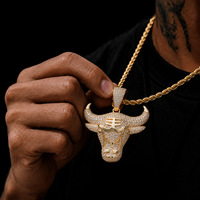 Collier pour homme en laiton avec pendentif tête de taureau 3D, serti de zircone cubique, style tendance streetwear hip-hop, bijou animalier, cadeau pour lui