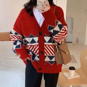 All'ingrosso cardigan in maglia di diamanti geometrici da donna natale rosso scollo a v maglione imbottito giacca abbottonata