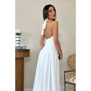 Robe de cocktail blanche en crêpe, dos nu, style licou, taille naturelle, respirante - Product Image 2