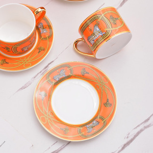 Factory Wholesale Orange Horse Pattern Luxury European Style 12 Piece Bone China Coffee <b>Cups</b> and <b>Saucers</b> - Product Image 3