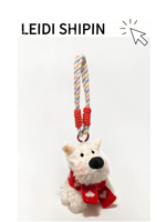 Porte-clés festif en peluche blanche avec écharpe à motif cœur et capuche tricotée rouge, adorable ornement de sac en forme de chiot pour Noël et la Saint-Valentin
