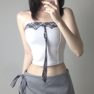 Little Hot sale Hottie Sexy Plaid Tie Patchwork tops Summer Short Y2K ropa básica tops mujeres para vacaciones - Product Image 6