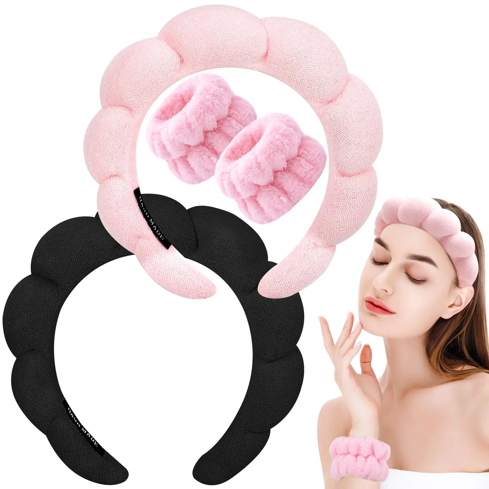 Diadema de Spa para lavarse la cara, conjunto de pulsera, esponja, maquillaje, cuidado de la piel, diadema, toallas de muñeca, diadema para mujeres y niñas