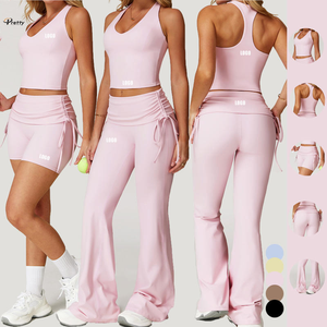 Ensemble de yoga 3 pièces de haute qualité pour femme, avec logo personnalisé, effet seconde peau, soutien-gorge de sport et leggings taille haute à revers - Product Image 1
