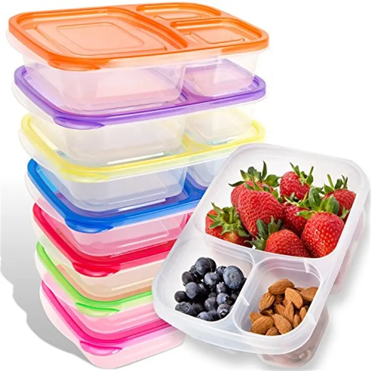 Caixa de almoço plástica reutilizável para adultos, 7 peças, à prova de vazamento, armazenamento de alimentos, com 3 compartimentos