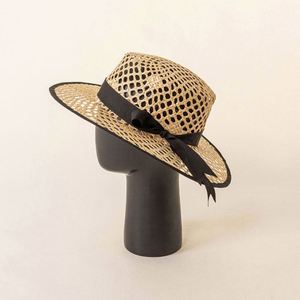 Sombrero de Paja Rafia Hecho a Mano, Estilo Europeo Americano, Primavera-Verano, con Copa Plana, Decoración de Lazo Hueco, Casual - Product Image 1