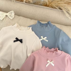 T-shirt in Stile Coreano Instagram, Nuova in Cotone a Maniche Lunghe <span class=keywords><strong>con</strong></span> Collo Semi-Alto, Bordo Arricciato e Fiocco, Rifinitura in Pizzo, Primavera Autunno - Product Image 2