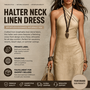 Robe longue élégante en lin à col halter pour femme, sans manches, à devant croisé, idéale pour l'été et les <span class=keywords><strong>vacances</strong></span> à la plage - Product Image 1