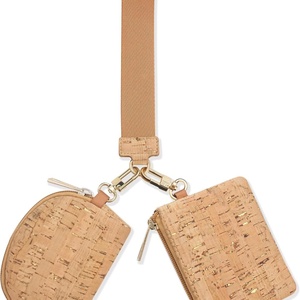 Boshiho Mini Vegan Cork <b>Wristlet</b> Keychain Wallet Detachable Dual Pouch Zipper Coin Card Purse with Polyester Lining for Women - Product Image 1
