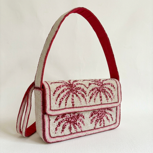Bolso Rectangular Lavable Hecho a Mano con Cuentas de Vidrio Bordadas con Patrón de Palmera, Correa Roja, Artesanía Coleccionable - Product Image 1
