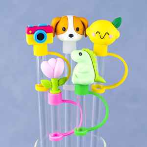 10mm nueva venta caliente personalizado reutilizable a prueba de salpicaduras beber flor dinosaurio paja cubierta de silicona lindo Animal perro 3D paja Toppers - Product Image 1