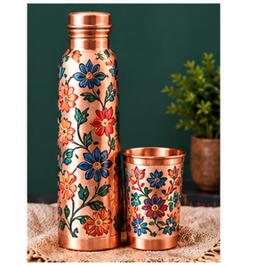 Handcrafted Copper <b>Water</b> <b>Bottle</b> with Cup Set Floral Engraved <b>Metal</b> Drinkware Bohemian Style - Product Image 1