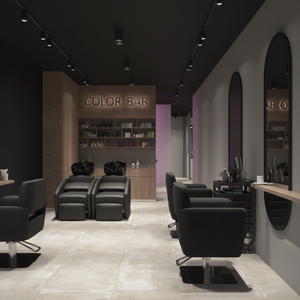 Exhibición de salón de estilo Vantage negro con iluminación LED Mostrador superior de piedra personalizable para tienda Diseño simple - Product Image 1