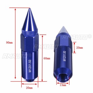 20 pièces d'écrous de roue universels M12X1.5 en aluminium de 60 mm pour jantes de voiture, à pointes, allongés, Tuner Bleu/Rouge/Noir - Product Image 5