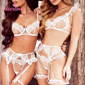 Ensemble de lingerie sexy pour femme Dierlove, 4 pièces, blanc, broderie florale 3D, dentelle, soutien-gorge à armatures, <span class=keywords><strong>porte</strong></span>-jarretelles, string, anneau de jambe - Product Image 3