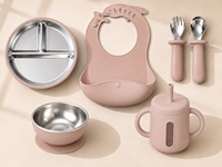 Ensemble d'alimentation pour bébé en acier inoxydable sans BPA, personnalisable OEM/ODM, avec bavoirs, bols, cuillères et assiettes en silicone de qualité alimentaire pour enfants