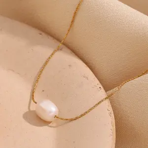 Dainty Minimalist Women Jewelry Stainless Steel Gold Plated Single Pendant Natural Fresh Water Pearl Necklace