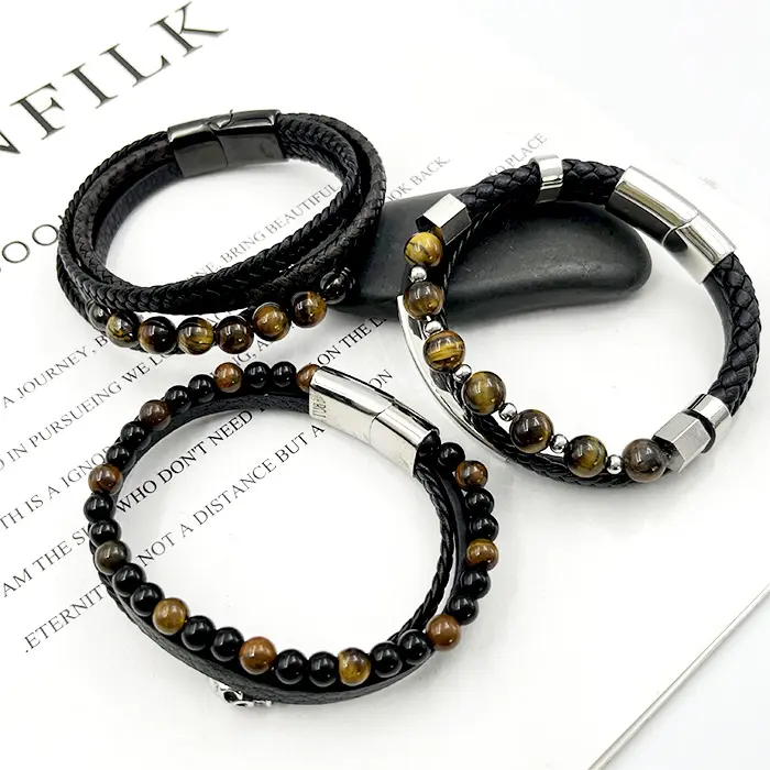 2024 New arrivals European and American fashion natural volcanic stone beaded bracelet hand-woven leather men's bracelet