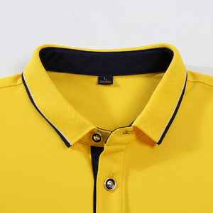 Polo Amarillo para Hombre, Talla L, de Algodón Popelín, Estilo Casual con Ribete Azul Marino y Cierre de Botones, Tejido Personalizado, Color Sólido, Suave y Básico - Product Image 2