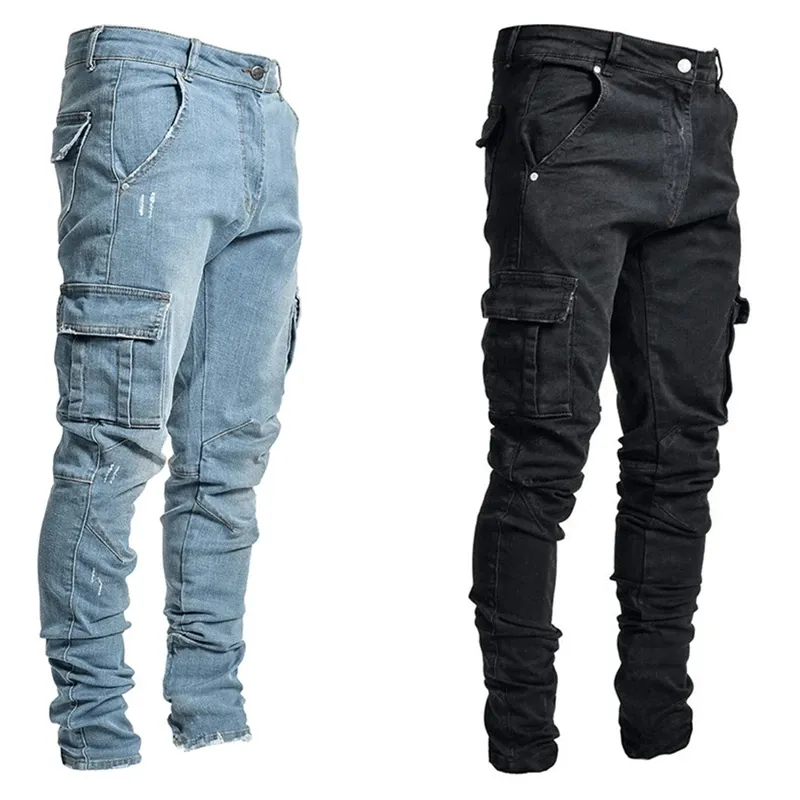 Multi Pocket Cargo Jeans Men New Fashion Denim Pencil Pants Jeans Men Pants Casual Cotton Denim Trousers Side Pockets Cargo
