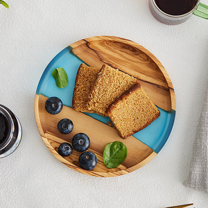 Plateau de service décoratif rond <span class=keywords><strong>en</strong></span> résine époxy et <span class=keywords><strong>bois</strong></span> d'<span class=keywords><strong>olivier</strong></span> naturel pour collation, café, thé, fruits secs - Product Image 3