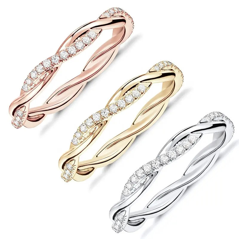 925 Sterling Silver Trendy Tiny Ring Cubic Zirconia Twisted Rope Eternity Band for Women Simple Jewelry White CZ Stone Rings