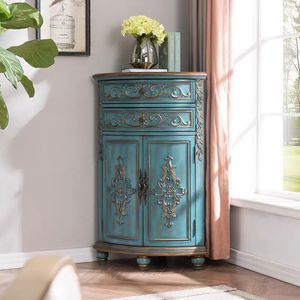 European Wood Wine Cabinet with <strong>Drawers</strong> Tall <strong>Storage</strong> <strong>Unit</strong> - American Style Painted Vintage Sideboard Cabinet - Product Image 4
