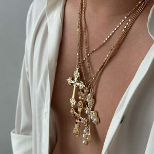 2026 אופנה 4pcs סט רטרו אתני שרשרת עבור גברים צלב זהב זהב פנינים <span class=keywords><strong>rhinestone</strong></span> פנינים תליון נשים תכשיטים אביזרים - Product Image 2