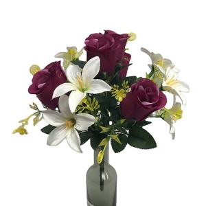 Venta directa de fábrica, seda, Rosa artificial barata, mezcla con lirio, ramo, flores funerarias para el Día de los Caídos - Product Image 2