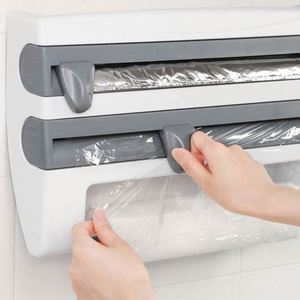 Moderno Soporte de Pared 4 en 1 para Rollo de Papel Film con Cortador, Estante de Almacenamiento de Plástico de 2 Niveles para Toallas de Cocina y Dispensador de Papel de Aluminio - Product Image 5