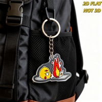 Porte-clés en acrylique 'Chick & Burning Laptop' avec oiseau jaune mignon et café entouré de flammes, accessoire humoristique anti-stress pour le travail