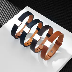 Bracelet en cuir véritable en acier inoxydable gravé personnalisé en gros Bracelets en cuir réglables simples pour hommes