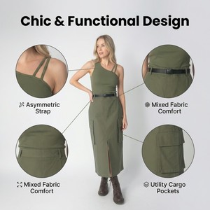 Abito da donna <span class=keywords><strong>verde</strong></span> oliva con spalline, <span class=keywords><strong>vestito</strong></span> <span class=keywords><strong>midi</strong></span> asimmetrico a vita alta con taglio ad A - Product Image 3