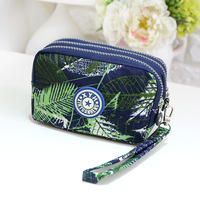 Dompet Wanita Multi-Kartu Trendy Lintas-Negara, Bahan Nilon Poliester Jahitan Motif Bunga Tahan Air dengan Ritsleting Tiga Lapis
