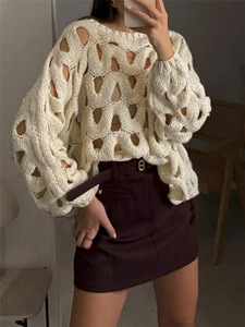 <span class=keywords><strong>Pull</strong></span> en maille à manches longues en dentelle <span class=keywords><strong>crochet</strong></span>ée décontracté de couleur unie pour femmes, idéal pour les vacances à la plage - Product Image 3