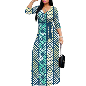 Robes décontractées à col en V de style tropical hawaïen vêtements grande taille à manches longues pour femmes robe longue au sol de l'île Samoan - Product Image 5