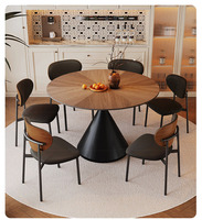 Ensemble de salle à manger rond rétro en bois massif de noyer pour 4-6 personnes, base conique noire et chaises rembourrées blanc-noir (ou pour réception à domicile)