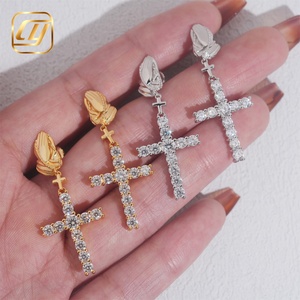 Boucles d'oreilles pendantes en argent S925 avec moissanite, motif mains en prière et croix, style Hip Hop, bijoux sertis de diamants pour hommes et femmes - Product Image 1