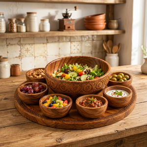 Acacia Wood Carved Polished Salad <b>Bowl</b> <b>Set</b> with 6 Small Serving <b>Bowls</b> Large Wooden Tray Premium Snack <b>Set</b> Wholesale - Product Image 5