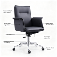 Chaise de bureau exécutive moderne ergonomique confortable à hauteur réglable avec base en acier et revêtement en cuir PU pivotante pour la maison et les bureaux professionnels