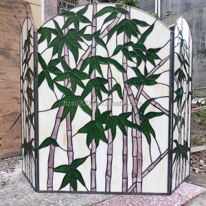 Mampara de Chimenea Personalizable de Bambú con Diseño Tiffany y Vidrio Tallado, 40''*28'', Sólida, para Decoración de Baño y Comedor - Product Image 1