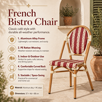 Chaise de salle à manger en rotin style bistrot français, rouge et blanche, tressée, empilable, pour extérieur, café, restaurant, terrasse