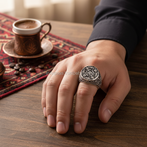 925K Sterling Silver Art Design Carved Turkish <b>Men</b> Round <b>Ring</b> Handmade - Product Image 3