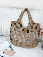 Bolso de playa tejido a mano de alta calidad para mujer, diseño sencillo, bolsos de mano elegantes huecos para mujer con logotipo impreso personalizado