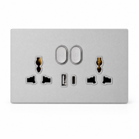 Plaque murale grise de type 146, double interrupteur, prise murale double universelle multi-prises, port de charge USB Type C, 13A 250V